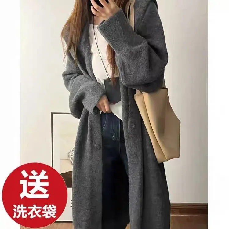 时尚新款开衫长款针织衫大码连帽百搭韩版中长款毛衣慵懒风宽松9