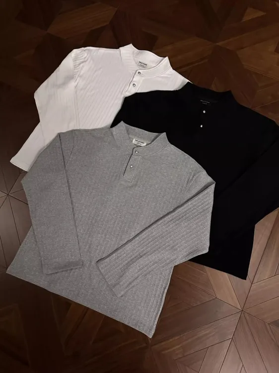 RTIMFD晶石纽扣亨利领基础老钱长袖boxy版型正肩合身打底卫衣秋冬