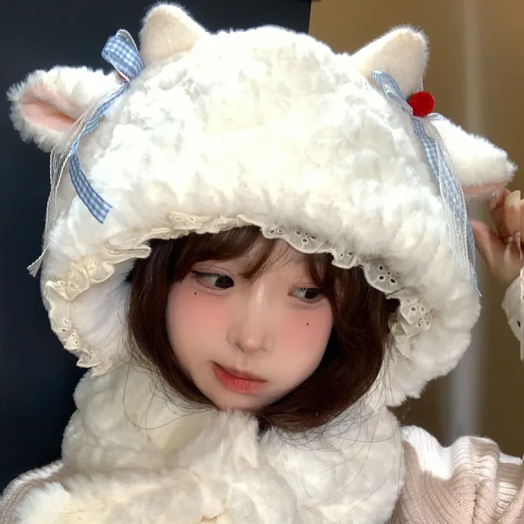 可爱小羊耳朵蝴蝶结毛绒帽子围巾一体女冬加绒加厚保暖护耳雷锋帽