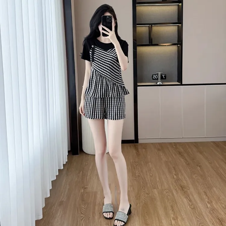 套装女装法式韩版休闲风条纹时尚短袖套装夏装气质减龄休闲洋气