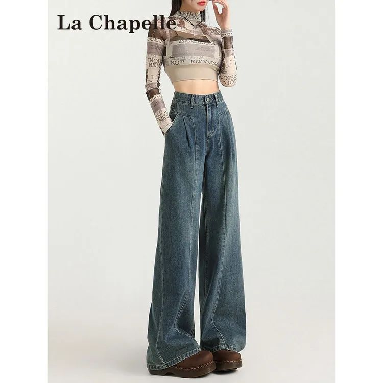 La Chapelle/拉夏贝尔复古阔腿牛仔裤女流新款高腰垂感直筒拖地裤