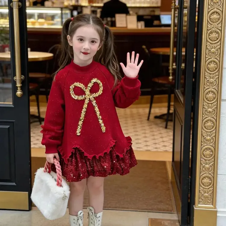 女童冬装加绒连衣裙2025冬季新款儿童洋气新年公主亮闪闪连衣裙潮