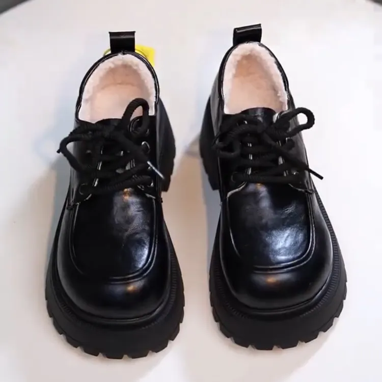 英伦风厚底小皮鞋女2025年冬季新款百搭增高棉鞋小个子时尚乐福鞋