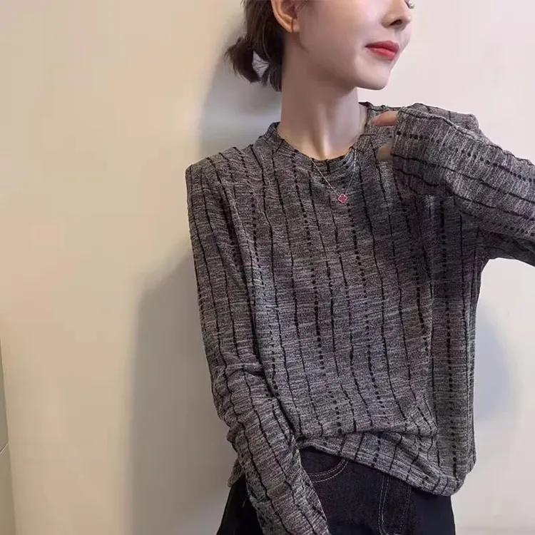 竖条纹长袖T恤衫女2025秋季新款韩版时尚打底衫洋气百搭显瘦上衣