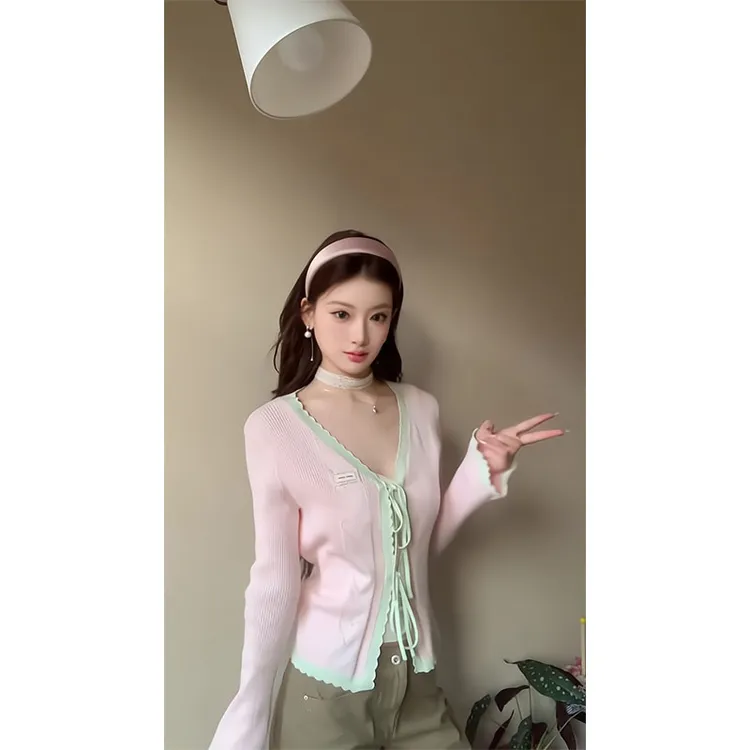 韩系粉色蝴蝶结系带长袖针织衫温柔风超好看毛衣外套垂感休闲裤