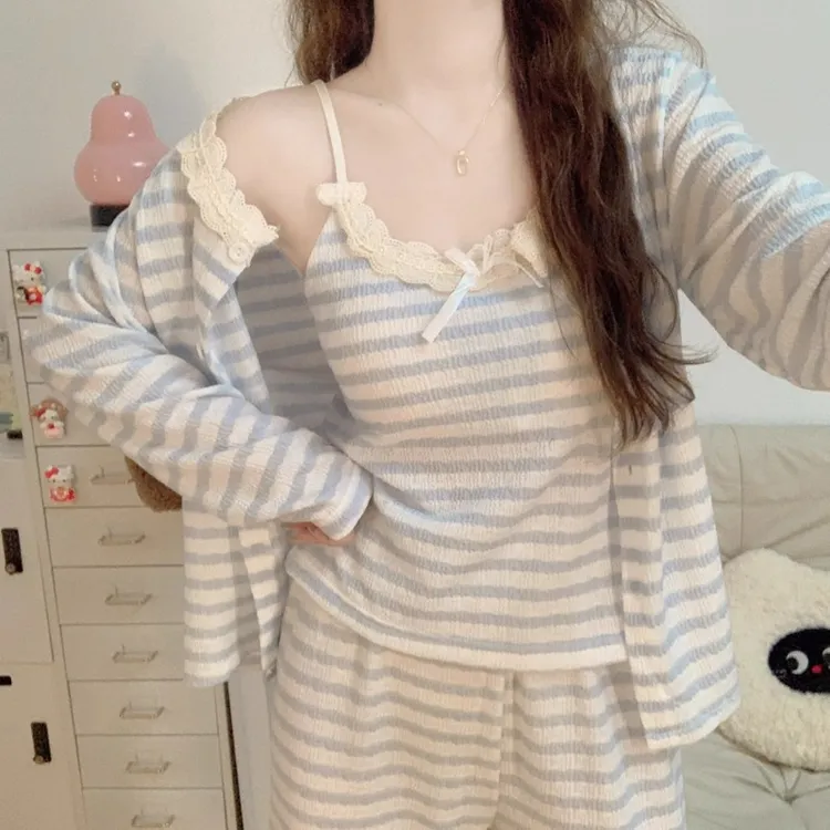 带胸垫睡衣女春秋季2025新款亲肤棉纯欲风吊带长袖家居服三件套装