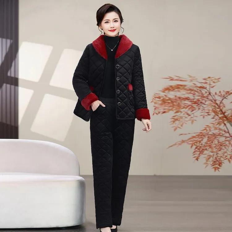 高档中老年妈妈装加绒加厚保暖套装冬季时尚中年大码显瘦气质套装