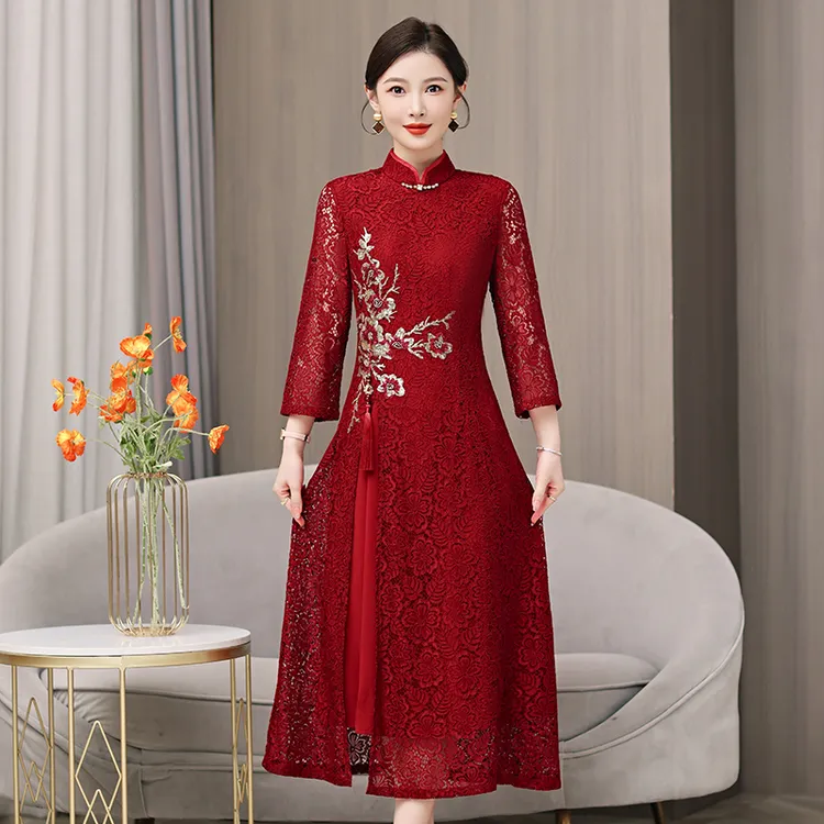 喜婆婆婚宴装2025新款妈妈礼服新中式年轻高贵婚礼喜服蕾丝连衣裙