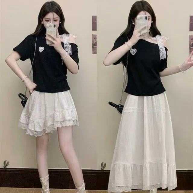 大码夏季气质显瘦时尚套装女设计感蕾丝拼接短袖t恤+高腰半身裙子