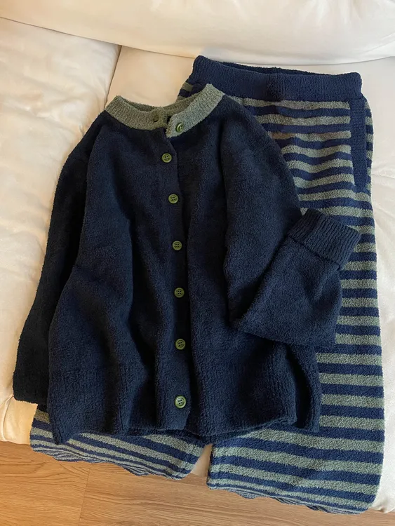 条纹加绒加厚半边绒睡衣女冬大码保暖针织高级设计感家居服可出门