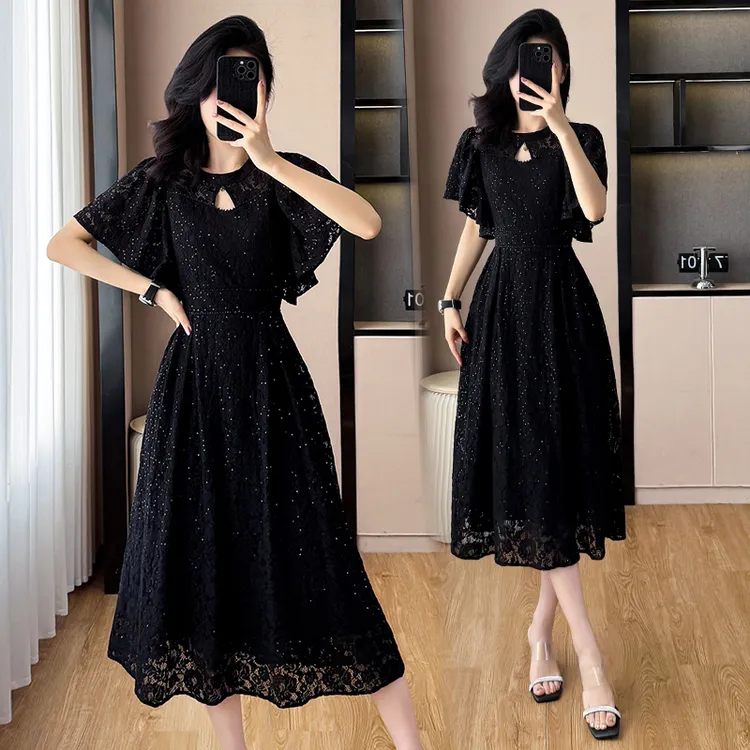 夏季新款大码胖遮肚显瘦法式气质蕾丝烫钻连衣裙短袖