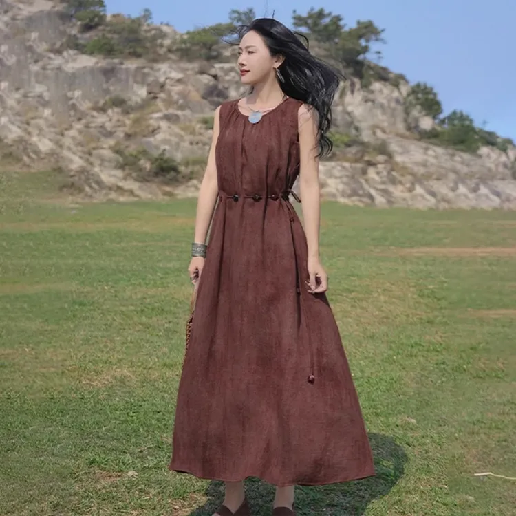 设计感抽绳显瘦飘逸亚麻连衣裙2025新款夏季裙子度假风无袖背心裙