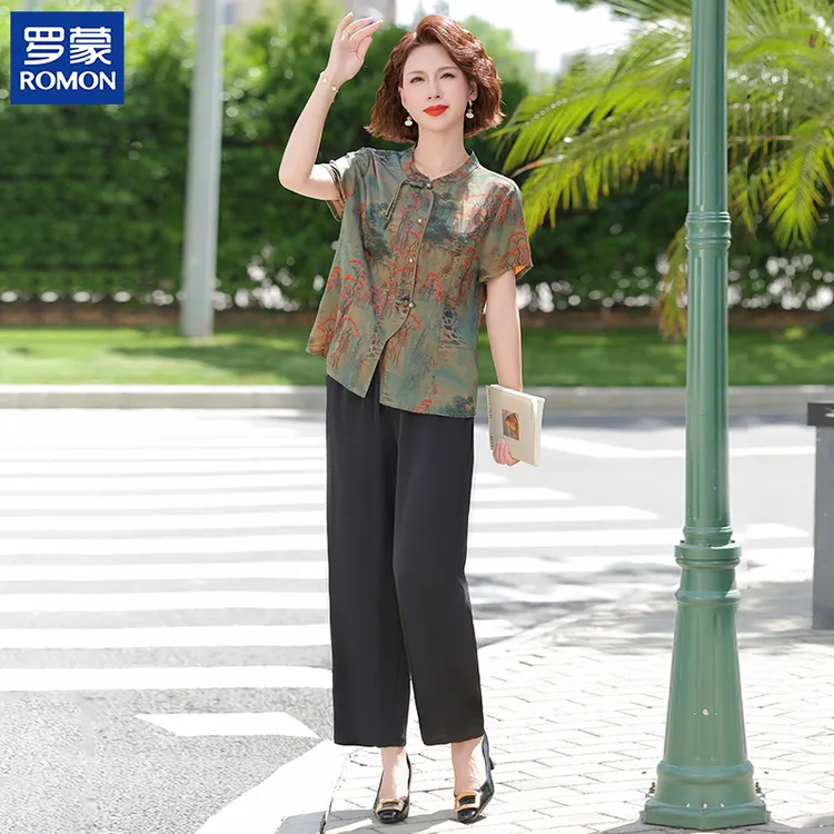 罗蒙国风妈妈装洋气夏装印花套装中老年人女夏季新中式花色两件套