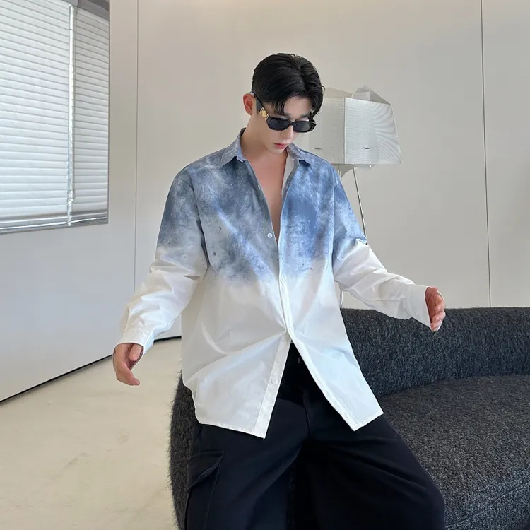 秋季网红明星同款高级感衬衫男长袖小众水墨渐变色设计感衬衣休闲