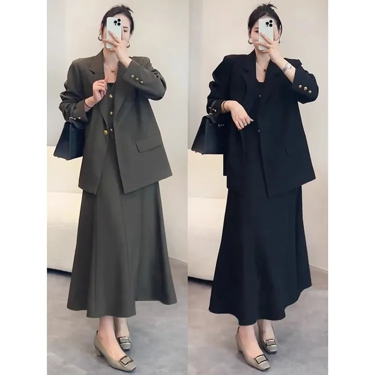 大码休闲风轻熟风时尚西装套装女网红炸街秋季假两件显瘦长袖西服