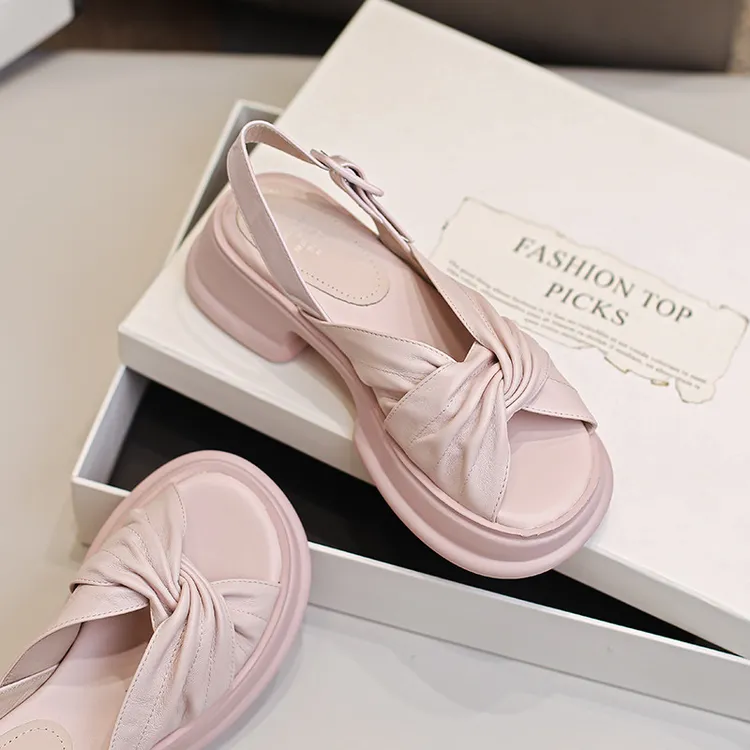 纯手工交叉带露趾松糕厚底露趾凉鞋女2025夏季新款羊皮圆头罗马鞋