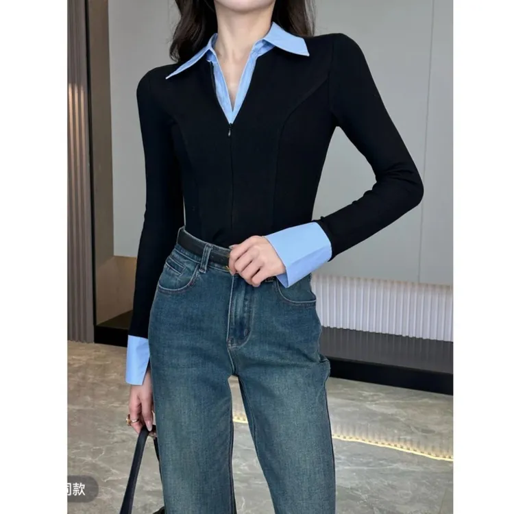 春秋冬季新款女上衣撞色假两件长袖修身设计感小众短款假两件衬衫