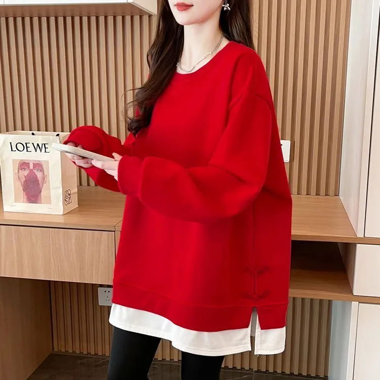 大码女装2025新款秋冬季加绒加厚假两件卫衣女中长款慵懒风上衣服