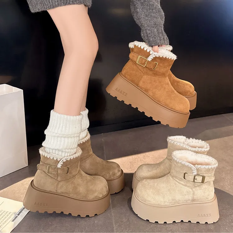 棕色复古加绒加厚厚底雪地靴女款2025新款冬季保暖增高勃肯棉鞋子