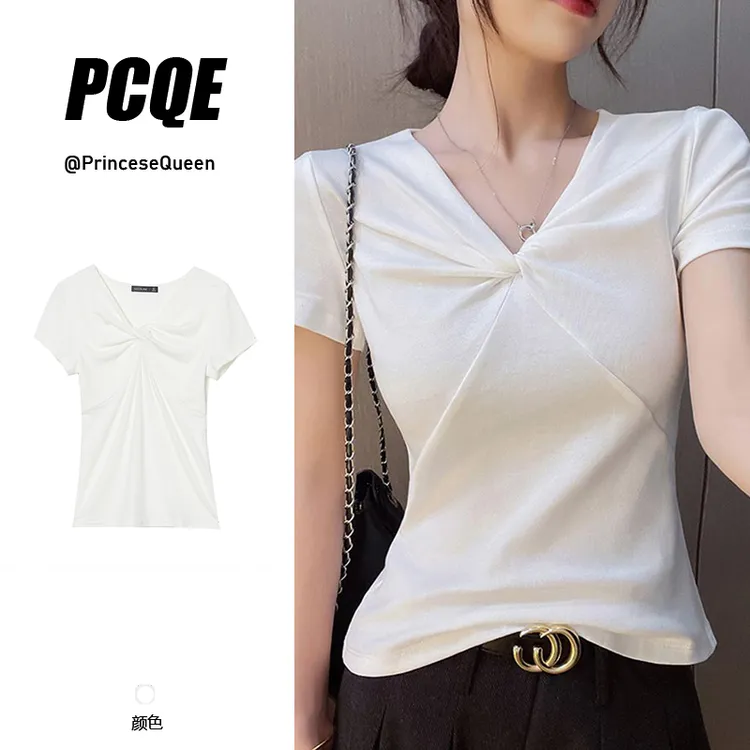 2025时髦修身短袖T恤女2024夏季新款百搭潮流多色显瘦层次感上衣