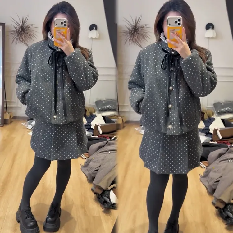 新款大码ins风波点夹棉上衣高腰加厚呢短裙套装