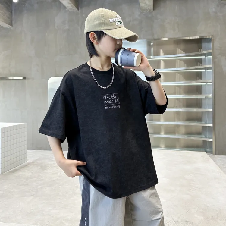 童装儿童夏装黑色炒洗短袖T恤中大童男童夏季韩版洋气帅气衣服潮