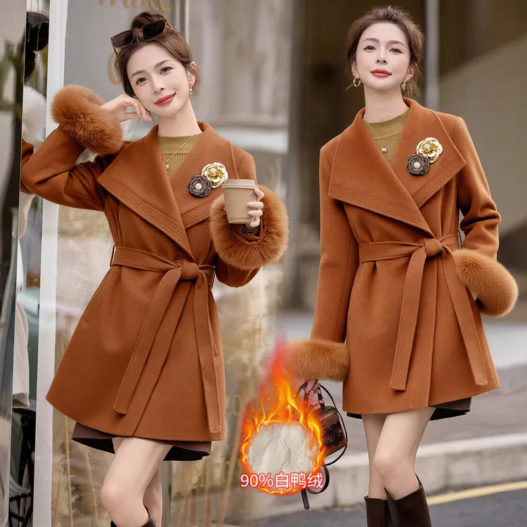 高级感大翻领毛呢羽绒服女2025冬季新款轻奢气质白鸭绒中长款外套