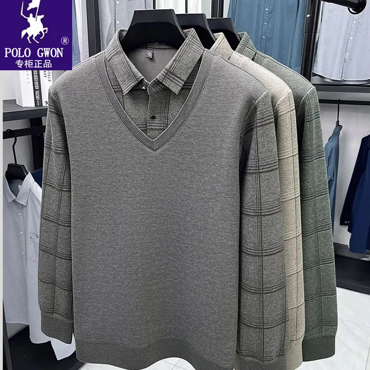 保罗正品秋冬男士假两件长袖保暖加绒打底毛衣男中年爸爸休闲加厚