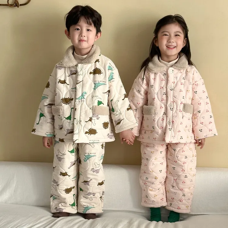 儿童睡衣冬季加厚款男童保暖宝宝加绒三层夹棉小孩女童家居服套装