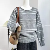 飞飞家~卷边条纹！！港风气质~落肩款 螺纹收边#毛衣洋气女Y9073