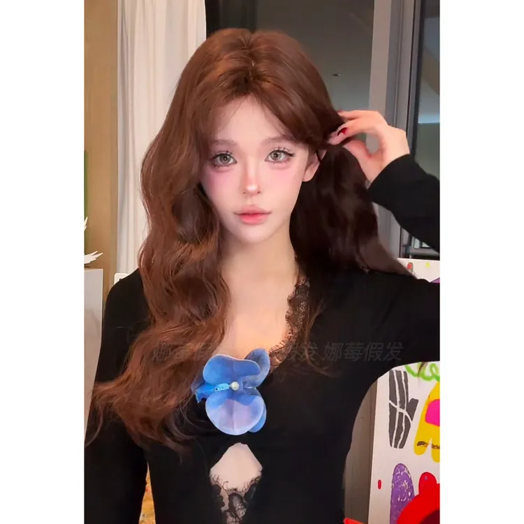 小圆-【小狮子】落日棕前额蕾丝中长发自然升级半弹内网头套女假发