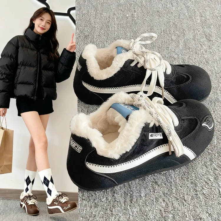 加绒德训鞋女2025新款冬季二棉鞋圆头复古休闲百搭平底保暖板鞋女