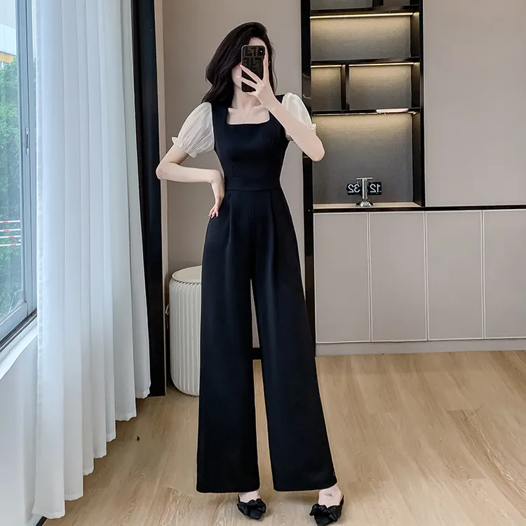 法式高级感黑色2025新款气质名媛阔腿连身裤套装夏时尚显瘦休闲