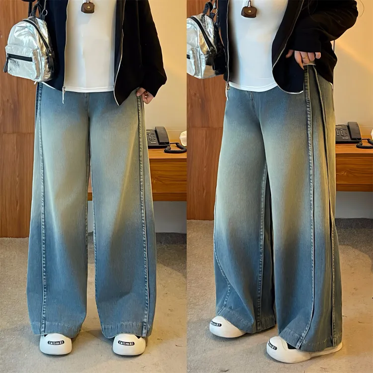 花契“椰雾星盏”大码女装秋季百搭200斤胖mm时尚渐变牛仔裤4342-X