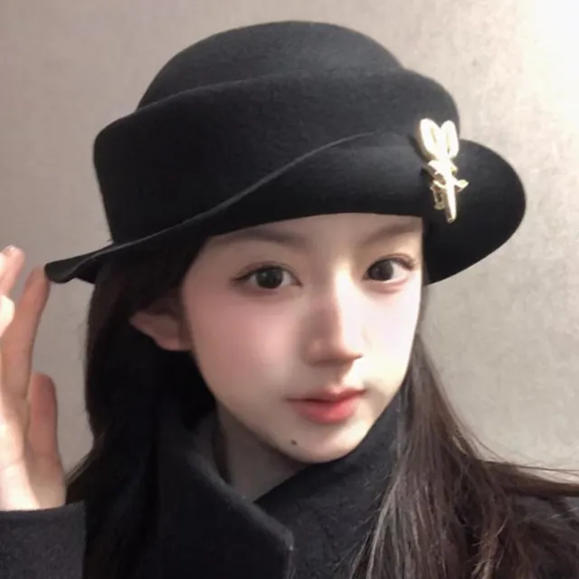 定制款！留洋千金郁金香胸针黑色澳毛礼帽子女秋冬优雅贵妇渔夫帽