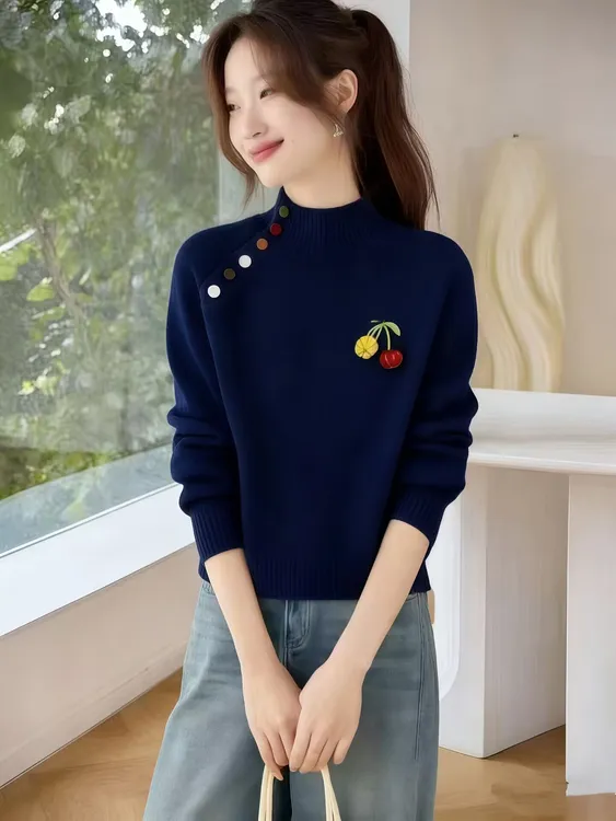 内搭半高领针织打底衫毛衣女秋冬大码胖mm显瘦设计感彩色纽扣上衣