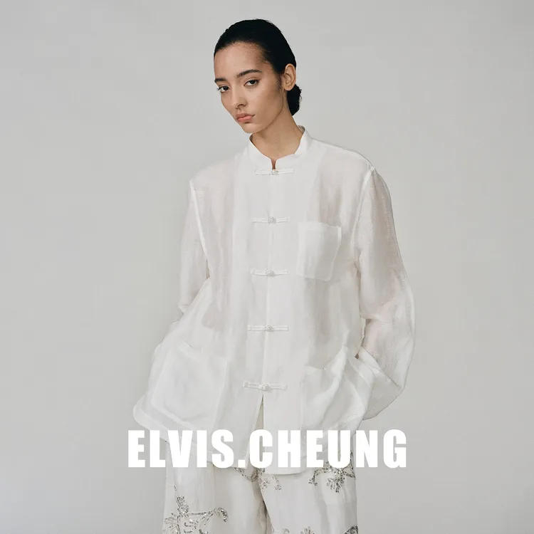 ELVIS.CHEUNG26SS象牙白丝麻树皮皱珍珠造型中式立领宽松外套