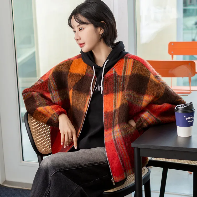 复古经典格子棒球服羊驼绒外套秋冬宽松短款蝙蝠上衣韩3197