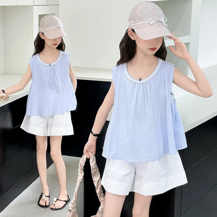 女童2025新款无袖背心夏季新款棉布上衣短裤中大儿童韩系套装薄款