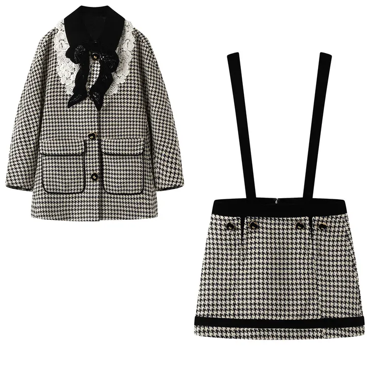 丝绒大蝴蝶结钉珠翻领baby同款千鸟格上衣外套格纹半身裙套装女士