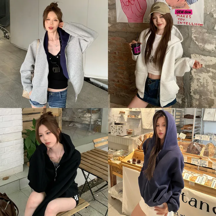 ins风辣妹日常480克高克重双拉链纯色撞色连帽重磅卫衣外套