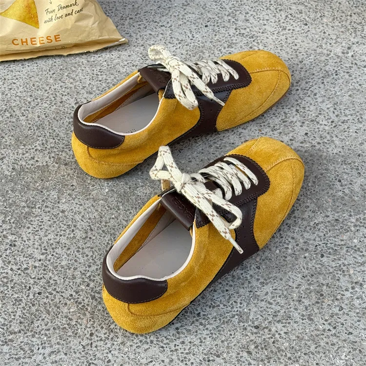 2025春季新款复古拼色德训鞋女韩版低帮鞋女款平底单鞋真皮阿甘鞋