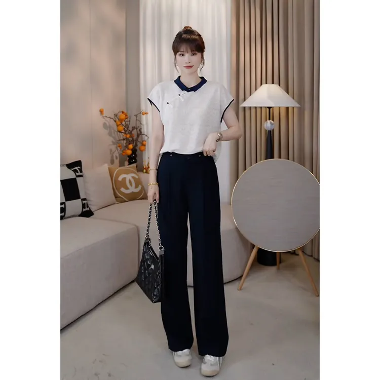 夏季新款洋气气质轻熟清冷感法式ins森系慵懒百搭小众上衣休闲裤