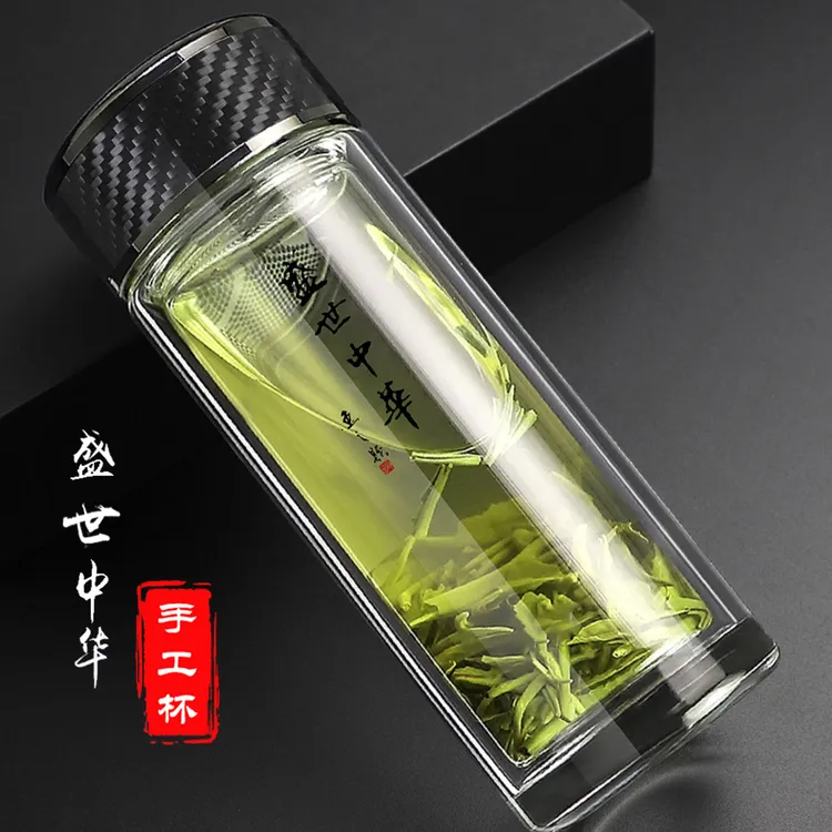 手工耐热盛世中华双层玻璃杯透明泡茶杯男士大容量水杯礼品国潮