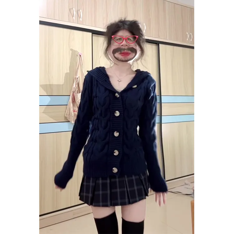 2025秋季新款法式气质V领设计感毛衣开衫高腰显瘦百褶格纹半身裙