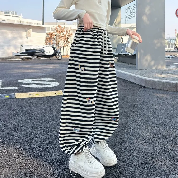 女童卡通条纹裤春款阔腿裤儿童休闲直筒裤洋气束脚裤中大童长裤秋