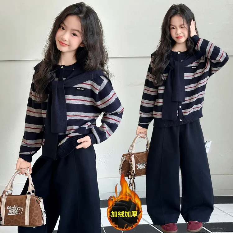 女童毛衣套装2025新款儿童学院风针织外套秋冬装加绒弯刀裤两件套