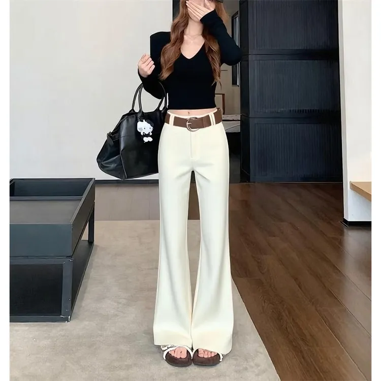 轻熟御姐风V领基础款长袖上衣套装女时尚百搭显瘦微喇长裤两件套