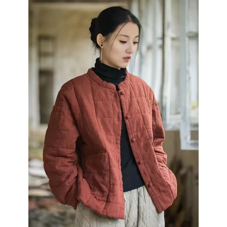 棉服女2025年新款冬季苎麻夹棉菱格外套短棉袄中式小立领盘扣棉衣