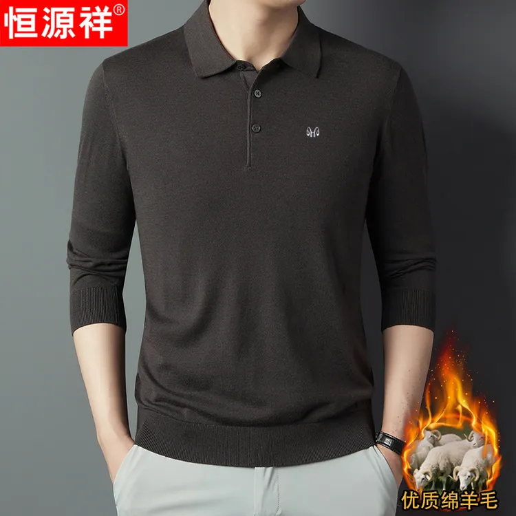 恒源祥秋冬新款男士翻领含羊毛长袖毛衣休闲爸爸装商务针织Polo衫